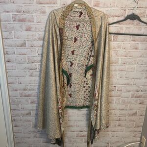 Floral Patterned Kimono Cape with Gold and Green Accents